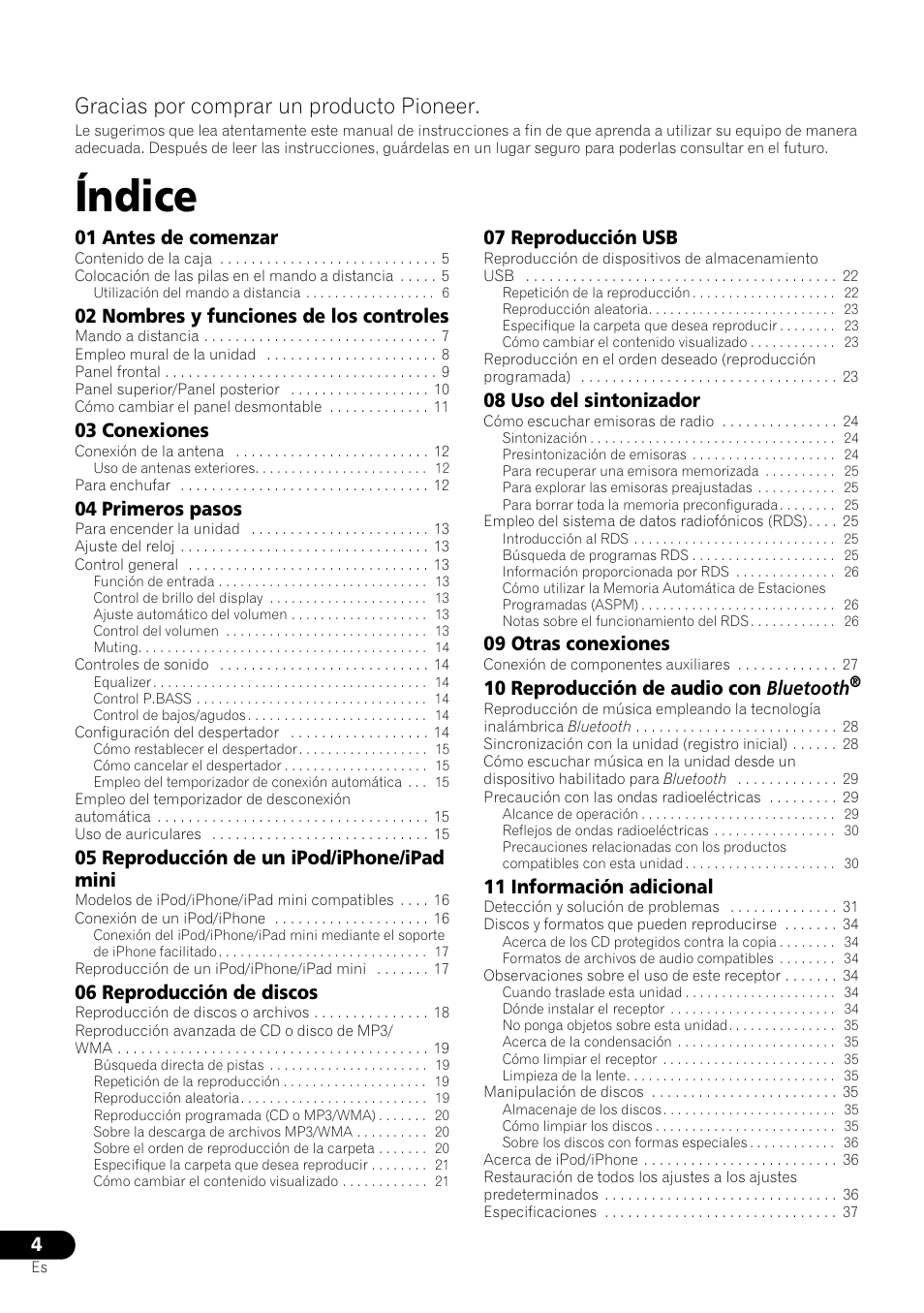 Sistema micro slim, Manual de instrucciones, Índice | Gracias por comprar un producto pioneer | Pioneer X-SMC00 User Manual | Page 184 / 256