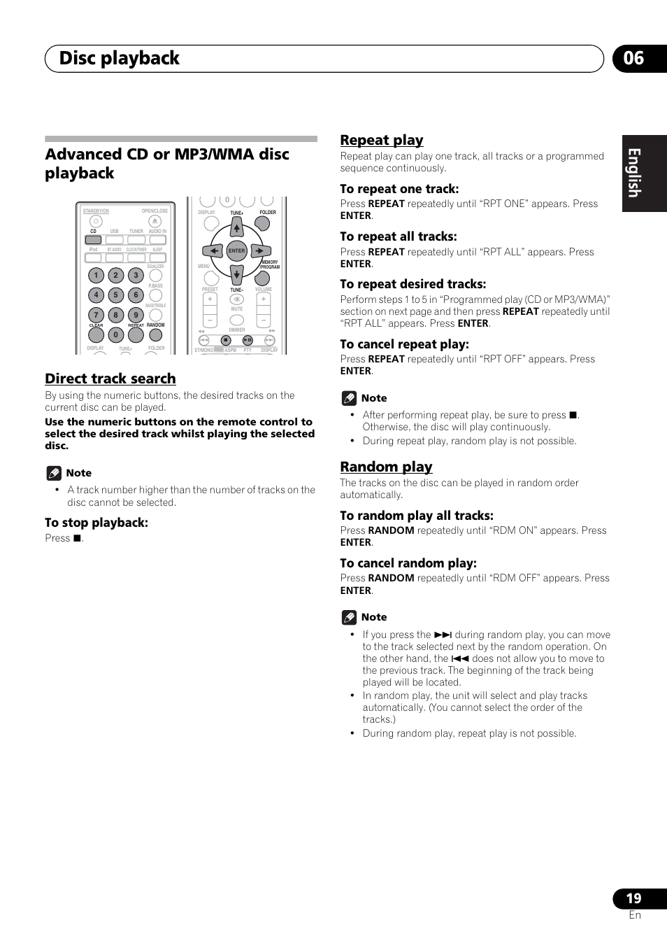 Advanced cd or mp3/wma disc playback, Direct track search repeat play random play, Disc playback 06 | English français español, Direct track search, Repeat play, Random play | Pioneer X-SMC00 User Manual | Page 19 / 256