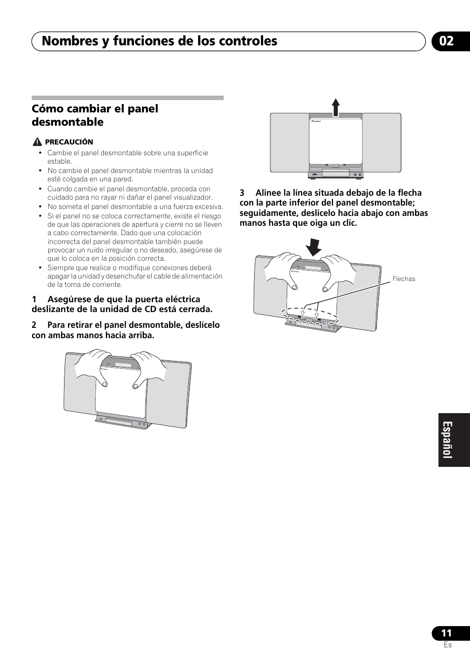 Cómo cambiar el panel desmontable, Nombres y funciones de los controles 02 | Pioneer X-SMC00 User Manual | Page 191 / 256