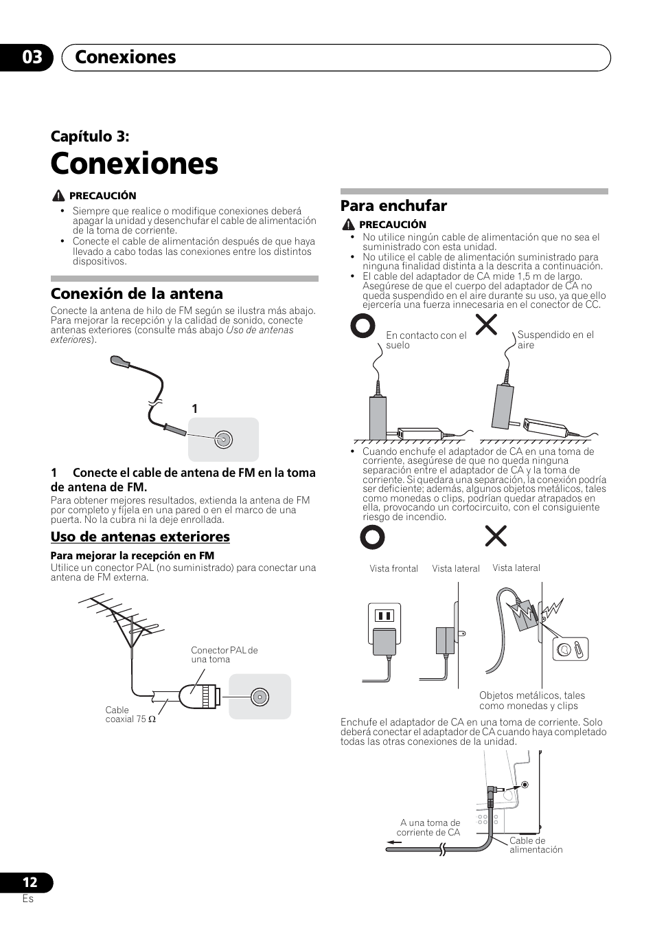 03 conexiones, Conexión de la antena, Uso de antenas exteriores | Para enchufar, Conexiones, Conexiones 03, Capítulo 3 | Pioneer X-SMC00 User Manual | Page 192 / 256