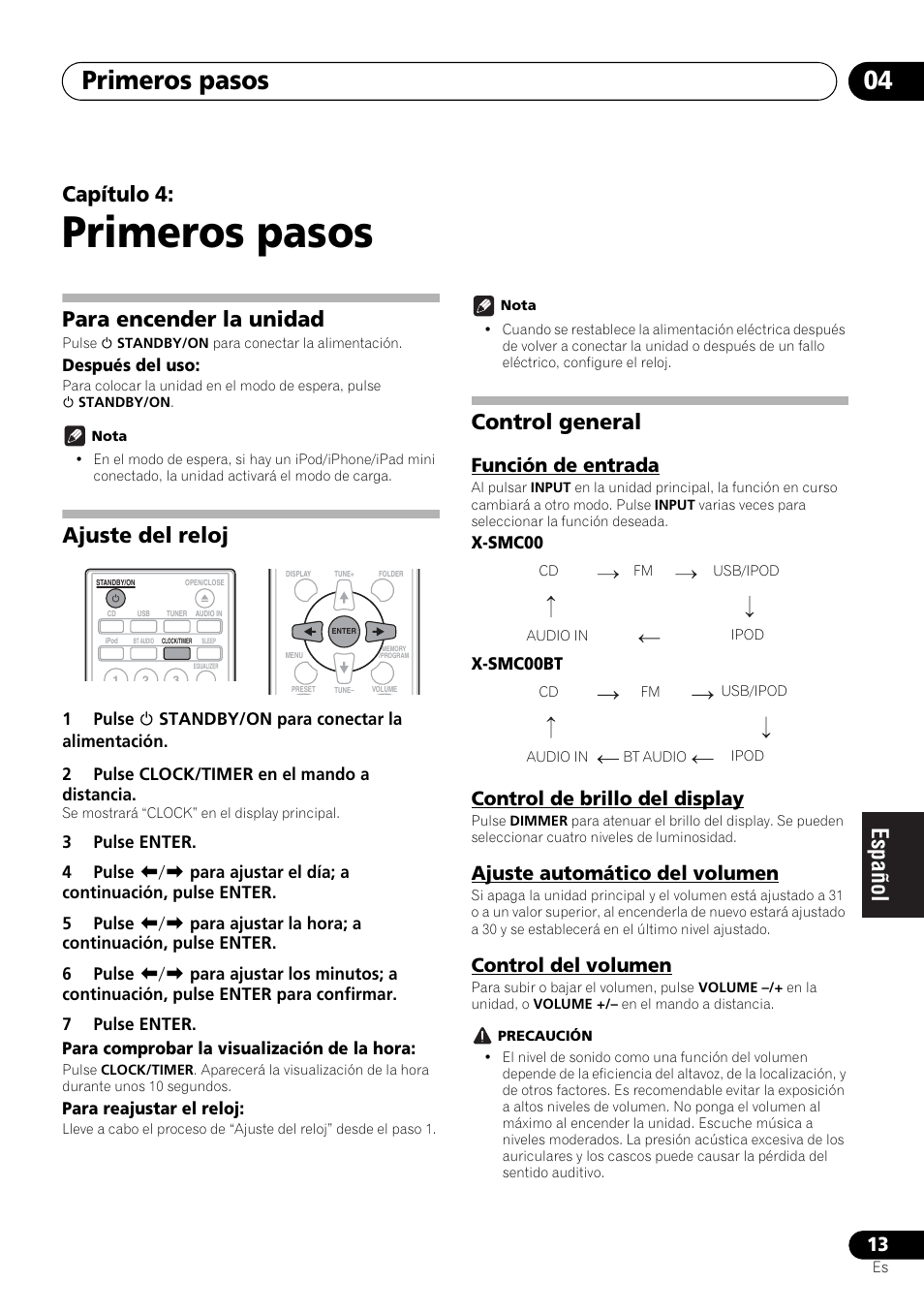 04 primeros pasos, Primeros pasos, Primeros pasos 04 | Capítulo 4, Para encender la unidad, Ajuste del reloj, Control general, Función de entrada, Control de brillo del display, Ajuste automático del volumen | Pioneer X-SMC00 User Manual | Page 193 / 256