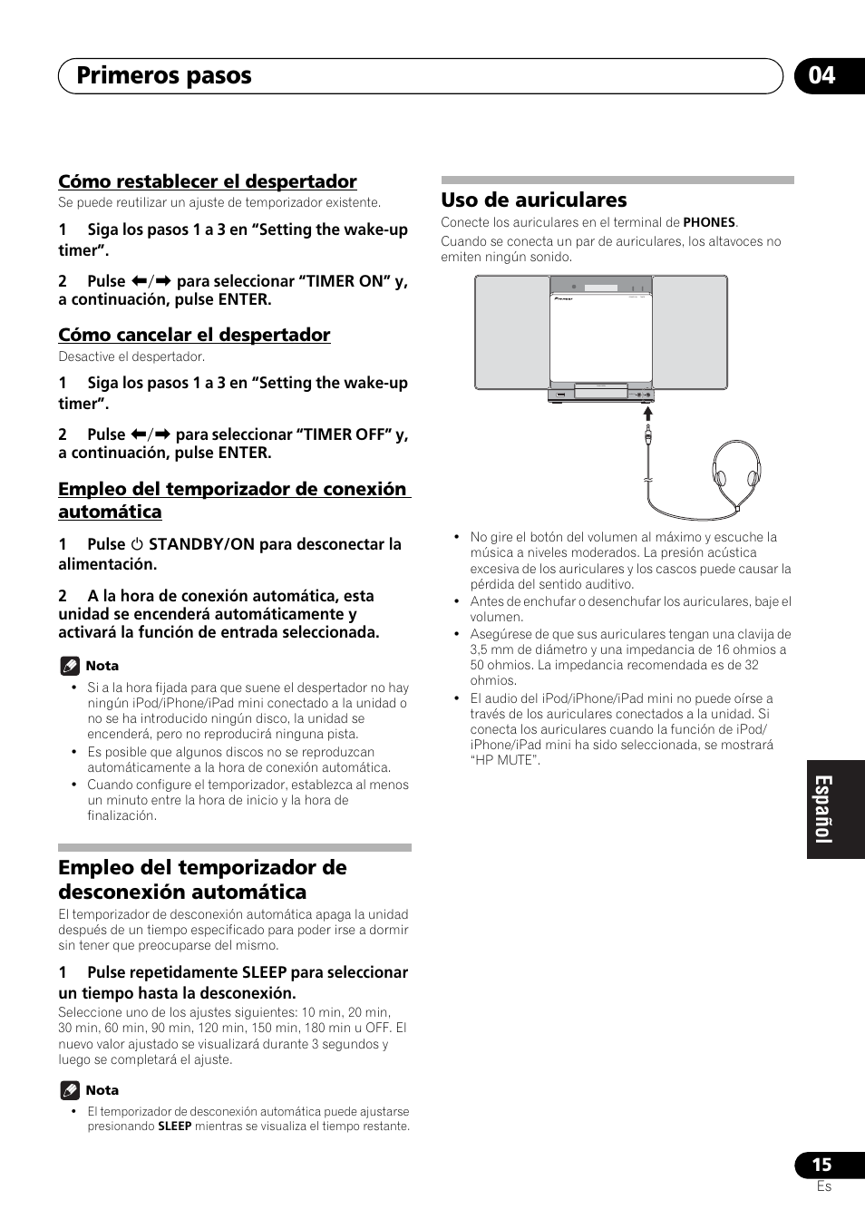 Primeros pasos 04, Empleo del temporizador de desconexión automática, Uso de auriculares | Pioneer X-SMC00 User Manual | Page 195 / 256
