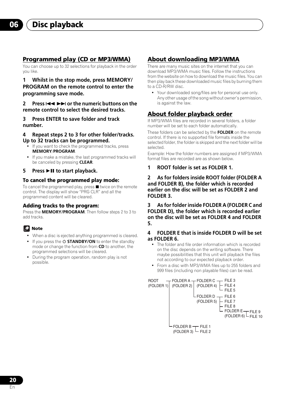Disc playback 06, Programmed play (cd or mp3/wma), About downloading mp3/wma | About folder playback order | Pioneer X-SMC00 User Manual | Page 20 / 256