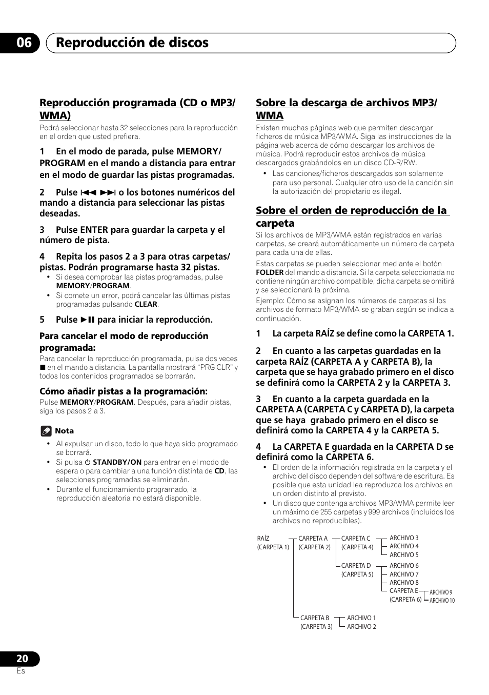 Reproducción de discos 06, Reproducción programada (cd o mp3/ wma), Sobre la descarga de archivos mp3/ wma | Sobre el orden de reproducción de la carpeta | Pioneer X-SMC00 User Manual | Page 200 / 256