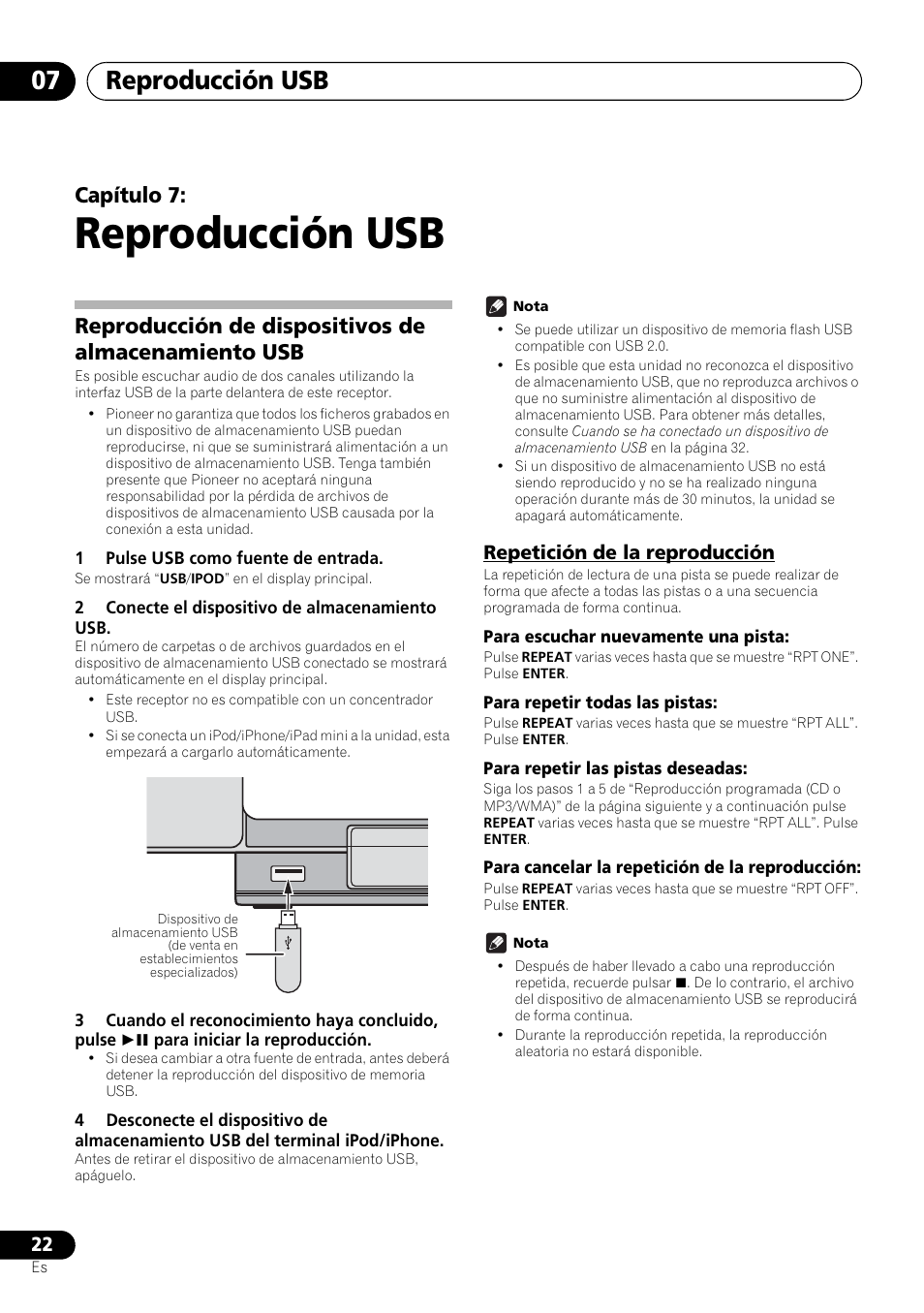 07 reproducción usb, Reproducción de dispositivos de almacenamiento usb, Repetición de la reproducción | Reproducción usb, Reproducción usb 07, Capítulo 7 | Pioneer X-SMC00 User Manual | Page 202 / 256