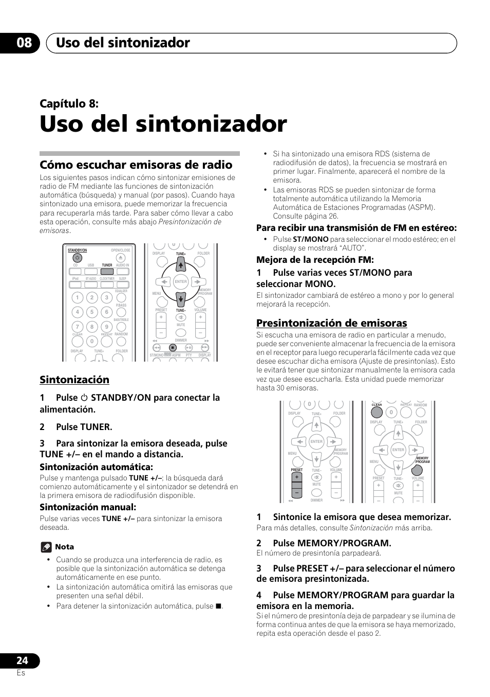 08 uso del sintonizador, Cómo escuchar emisoras de radio, Sintonización presintonización de emisoras | Uso del sintonizador, Uso del sintonizador 08, Capítulo 8, Sintonización, Presintonización de emisoras, Sintonización manual, Para recibir una transmisión de fm en estéreo | Pioneer X-SMC00 User Manual | Page 204 / 256