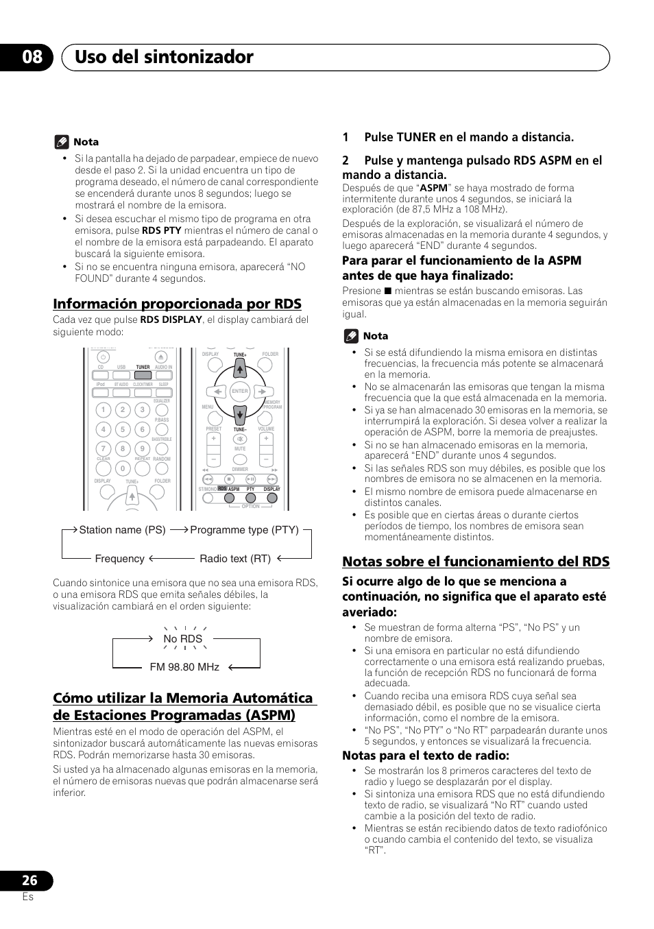 Uso del sintonizador 08, Información proporcionada por rds, Notas sobre el funcionamiento del rds | Notas para el texto de radio | Pioneer X-SMC00 User Manual | Page 206 / 256