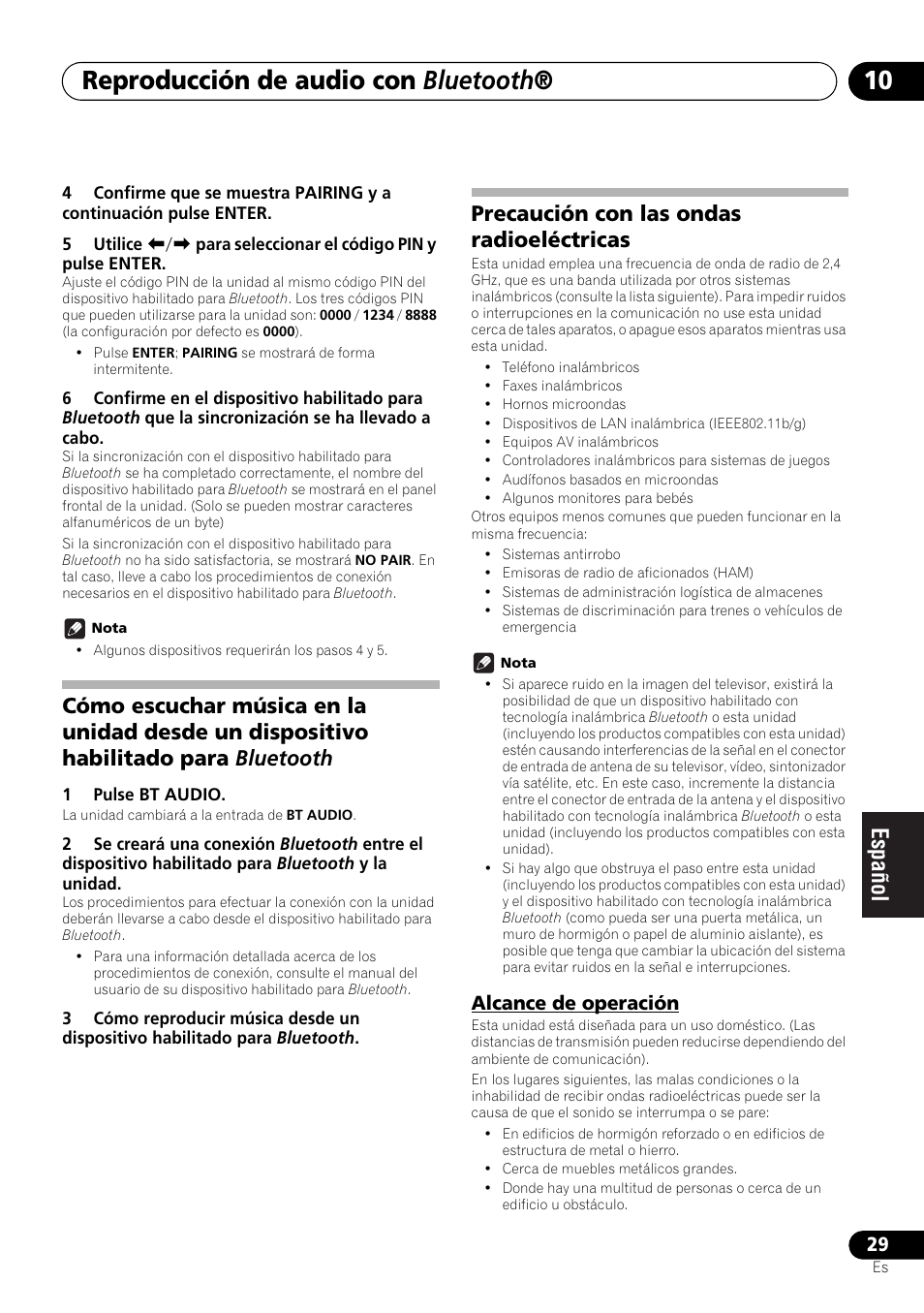 Alcance de operación, Reproducción de audio con bluetooth, Precaución con las ondas radioeléctricas | Pioneer X-SMC00 User Manual | Page 209 / 256