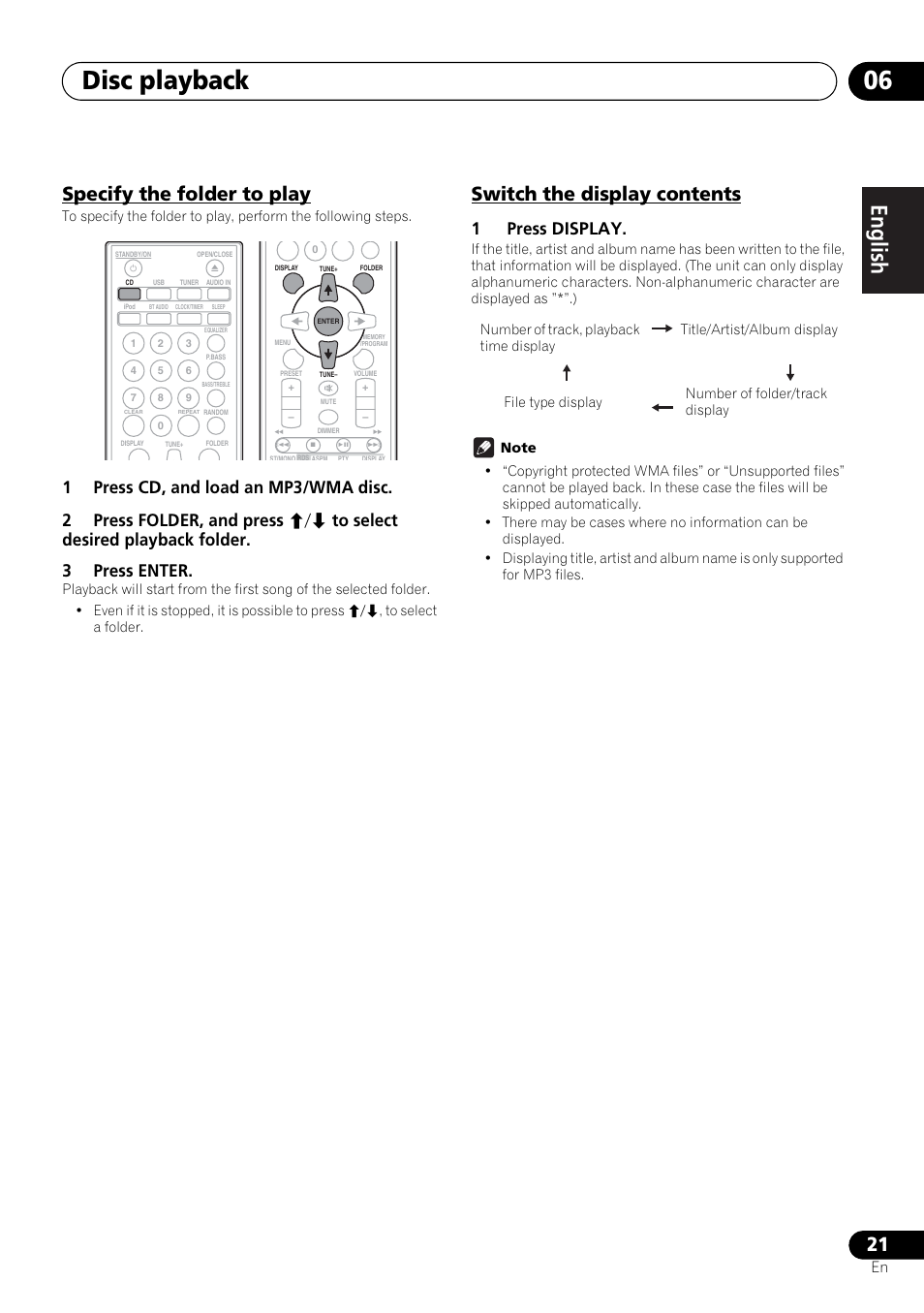 Disc playback 06, English français español, Specify the folder to play | Switch the display contents, 1press display | Pioneer X-SMC00 User Manual | Page 21 / 256