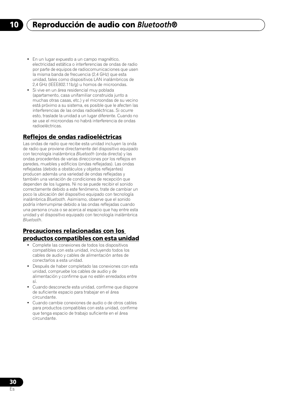 Reproducción de audio con bluetooth, Reflejos de ondas radioeléctricas | Pioneer X-SMC00 User Manual | Page 210 / 256