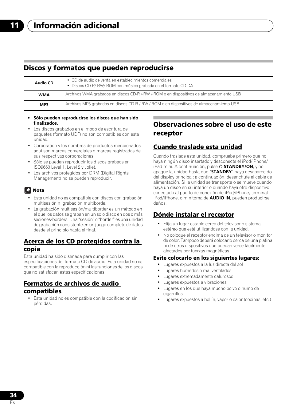 Discos y formatos que pueden reproducirse, Observaciones sobre el uso de este receptor, Información adicional 11 | Acerca de los cd protegidos contra la copia, Formatos de archivos de audio compatibles, Cuando traslade esta unidad, Dónde instalar el receptor | Pioneer X-SMC00 User Manual | Page 214 / 256