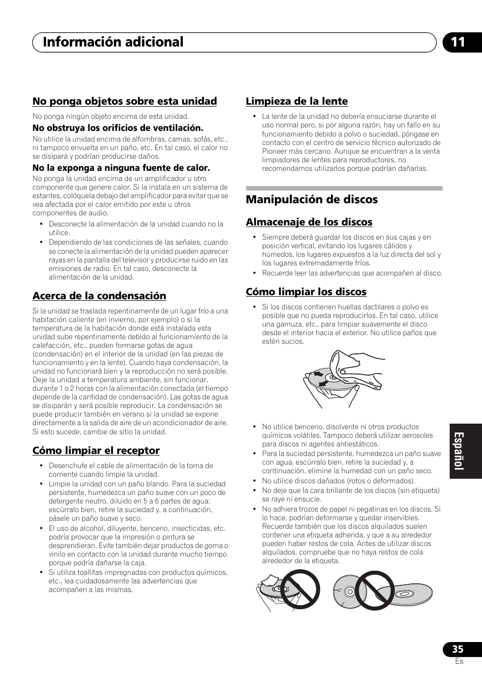 Manipulación de discos, Almacenaje de los discos cómo limpiar los discos, Información adicional 11 | Pioneer X-SMC00 User Manual | Page 215 / 256