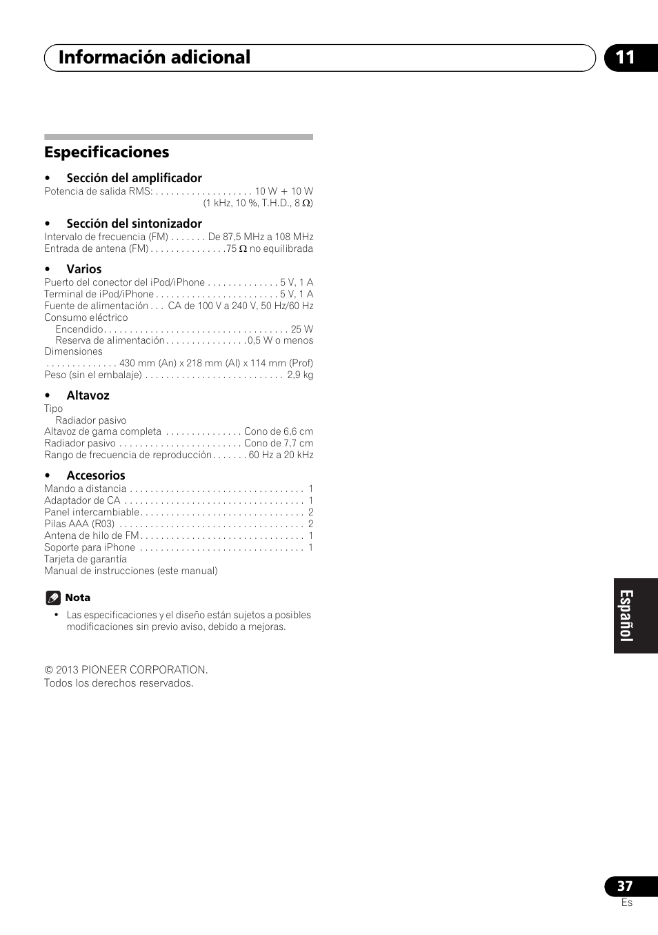 Especificaciones, Información adicional 11 | Pioneer X-SMC00 User Manual | Page 217 / 256