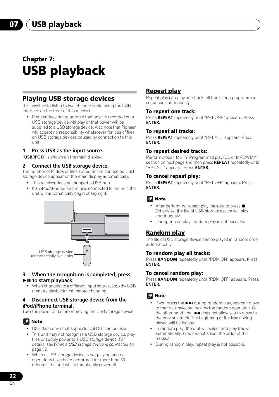 07 usb playback, Playing usb storage devices, Repeat play random play | Usb playback, Usb playback 07, Chapter 7, Repeat play, Random play | Pioneer X-SMC00 User Manual | Page 22 / 256