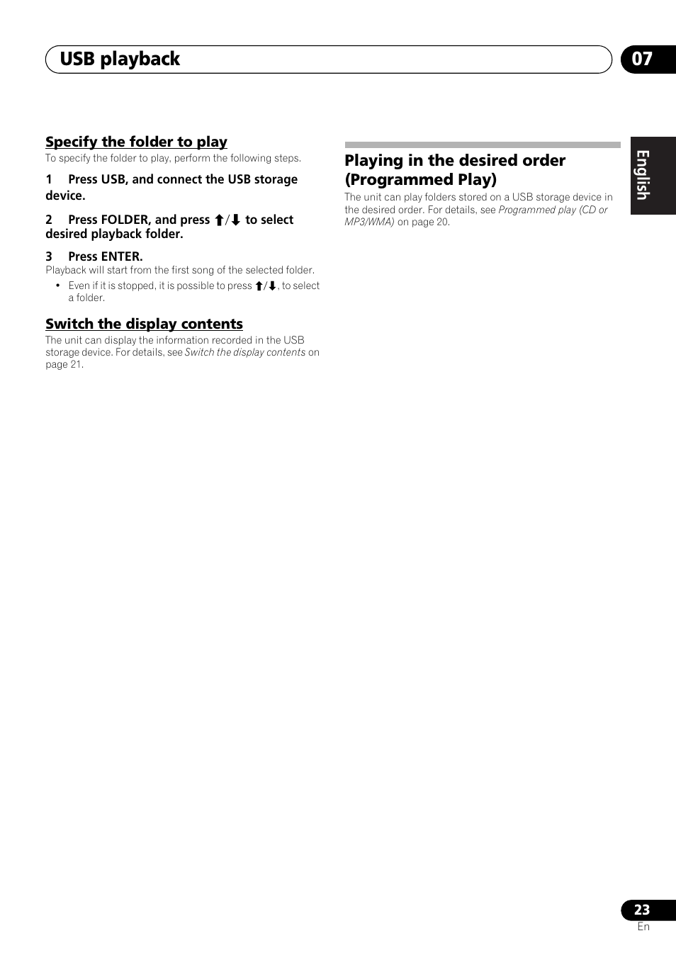 Playing in the desired order (programmed play), Usb playback 07, English français español | Pioneer X-SMC00 User Manual | Page 23 / 256