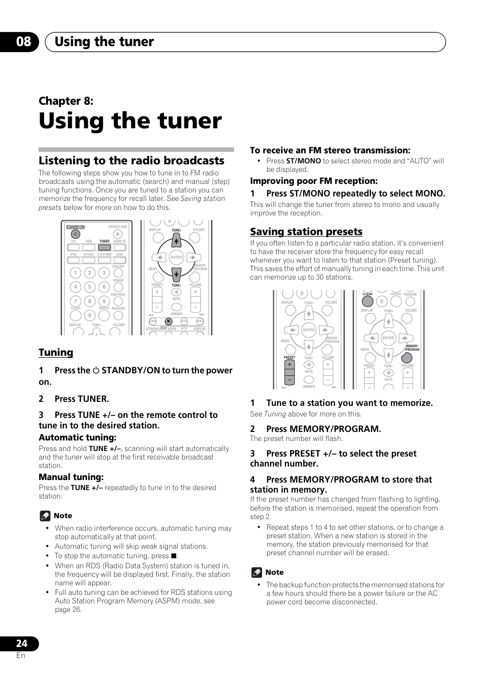 08 using the tuner, Listening to the radio broadcasts, Tuning saving station presets | Using the tuner, Using the tuner 08, Chapter 8, Tuning, Saving station presets, Manual tuning | Pioneer X-SMC00 User Manual | Page 24 / 256
