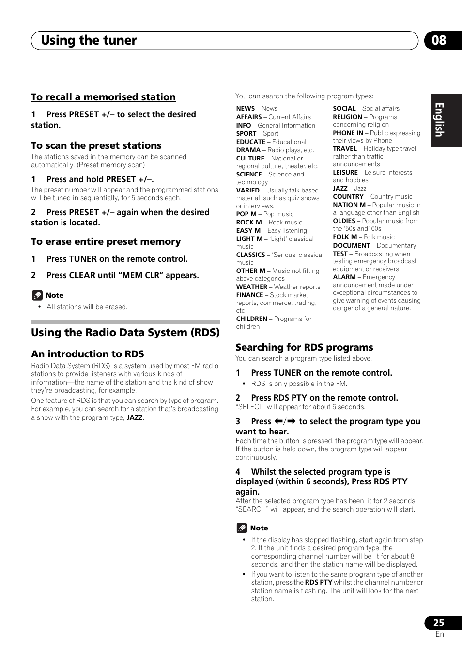Using the radio data system (rds), An introduction to rds searching for rds programs, Using the tuner 08 | English français español | Pioneer X-SMC00 User Manual | Page 25 / 256