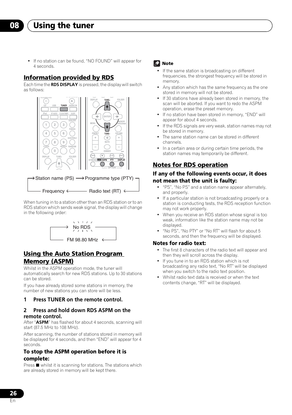 Using the tuner 08, Information provided by rds | Pioneer X-SMC00 User Manual | Page 26 / 256