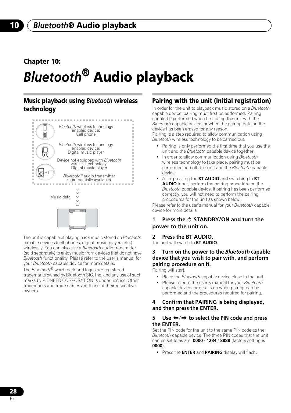 10 bluetooth ® audio playback, Bluetooth, Audio playback | Bluetooth ® audio playback, Chapter 10, Music playback using bluetooth wireless technology, Pairing with the unit (initial registration) | Pioneer X-SMC00 User Manual | Page 28 / 256