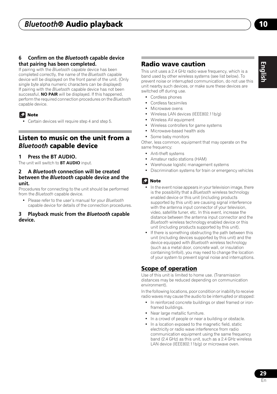 Scope of operation, Bluetooth ® audio playback, English français español | Radio wave caution | Pioneer X-SMC00 User Manual | Page 29 / 256