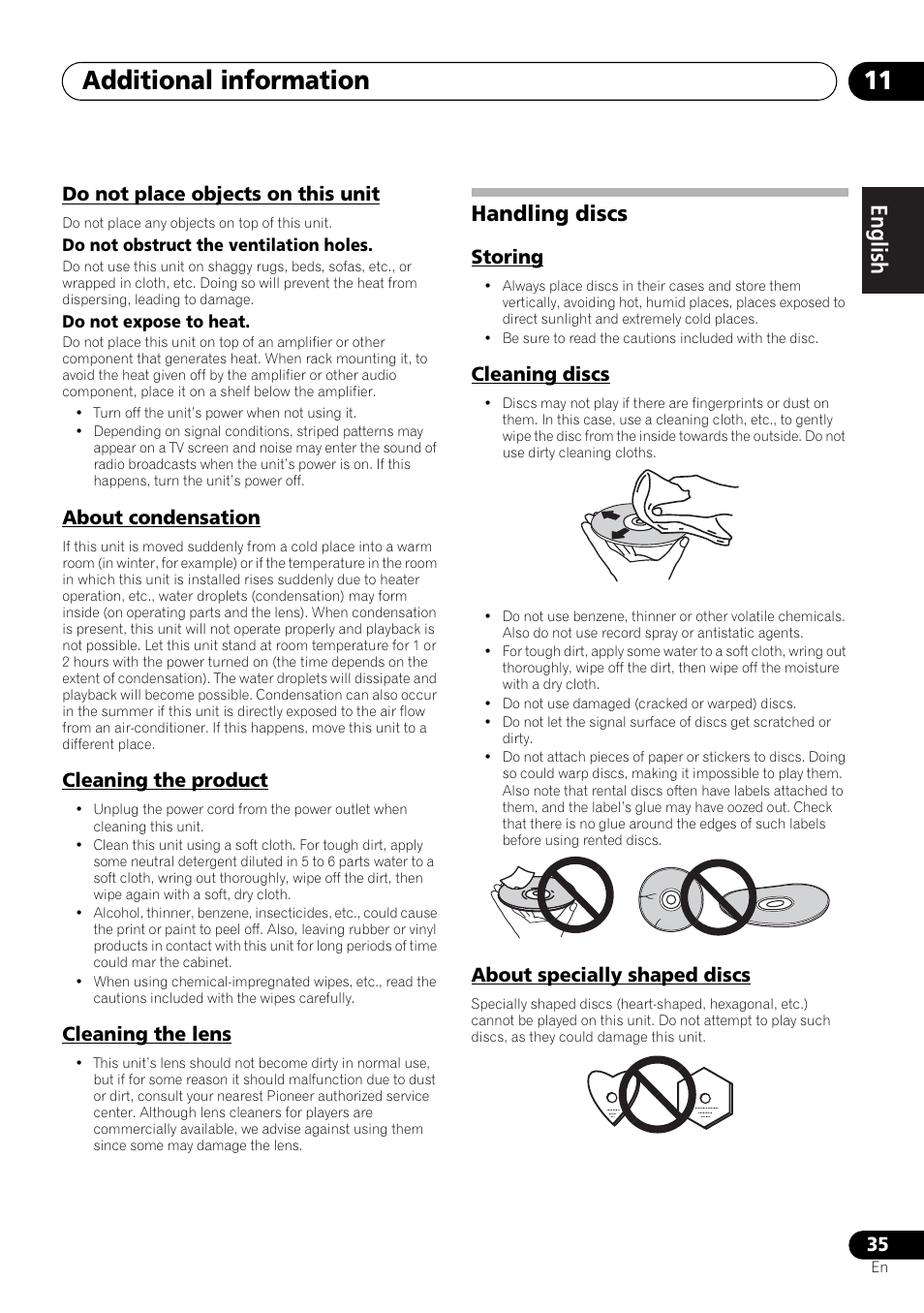 Handling discs, Additional information 11, English français español | Do not place objects on this unit, About condensation, Cleaning the product, Cleaning the lens, Storing, Cleaning discs, About specially shaped discs | Pioneer X-SMC00 User Manual | Page 35 / 256