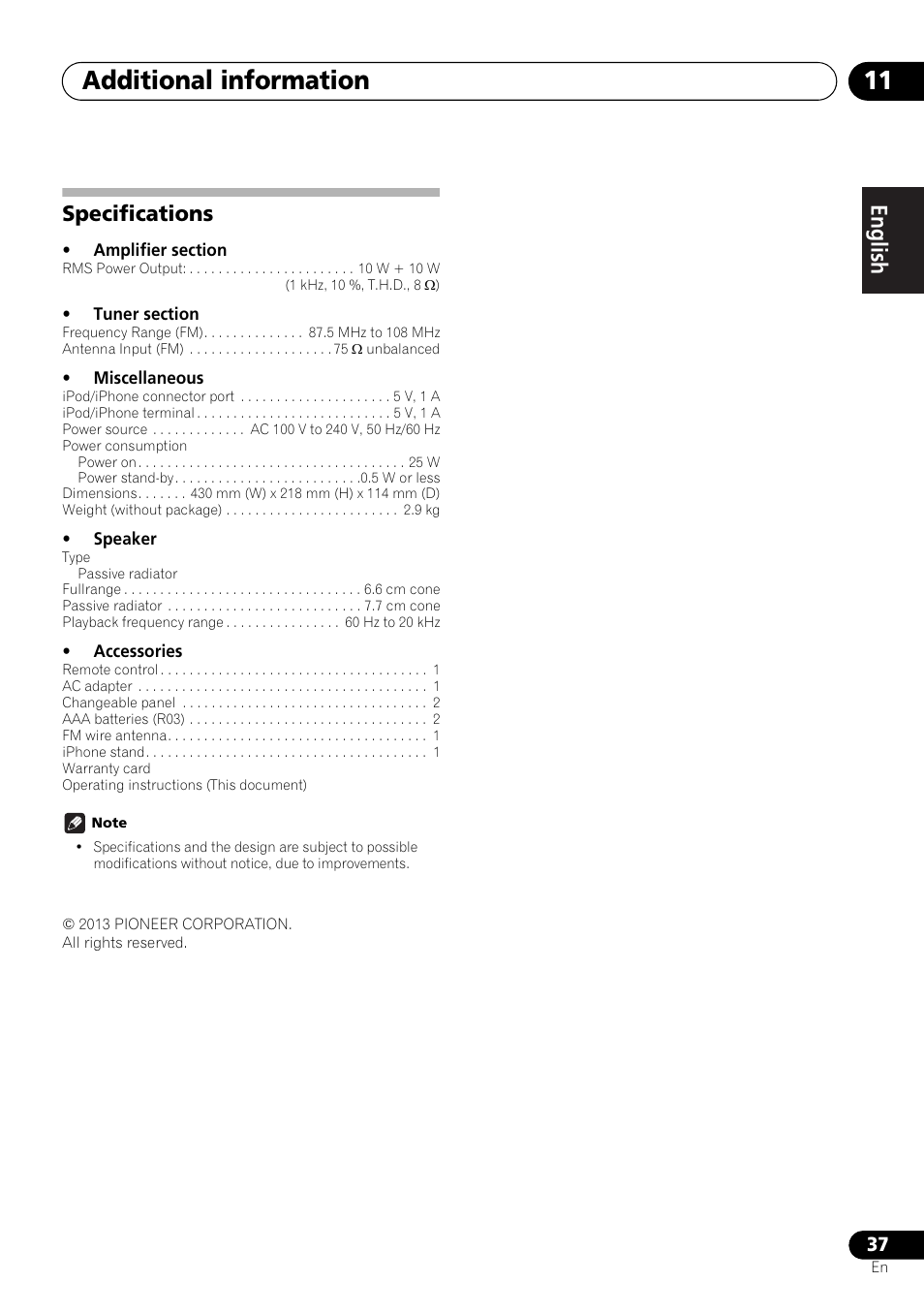 Specifications, Additional information 11, English français español | Pioneer X-SMC00 User Manual | Page 37 / 256