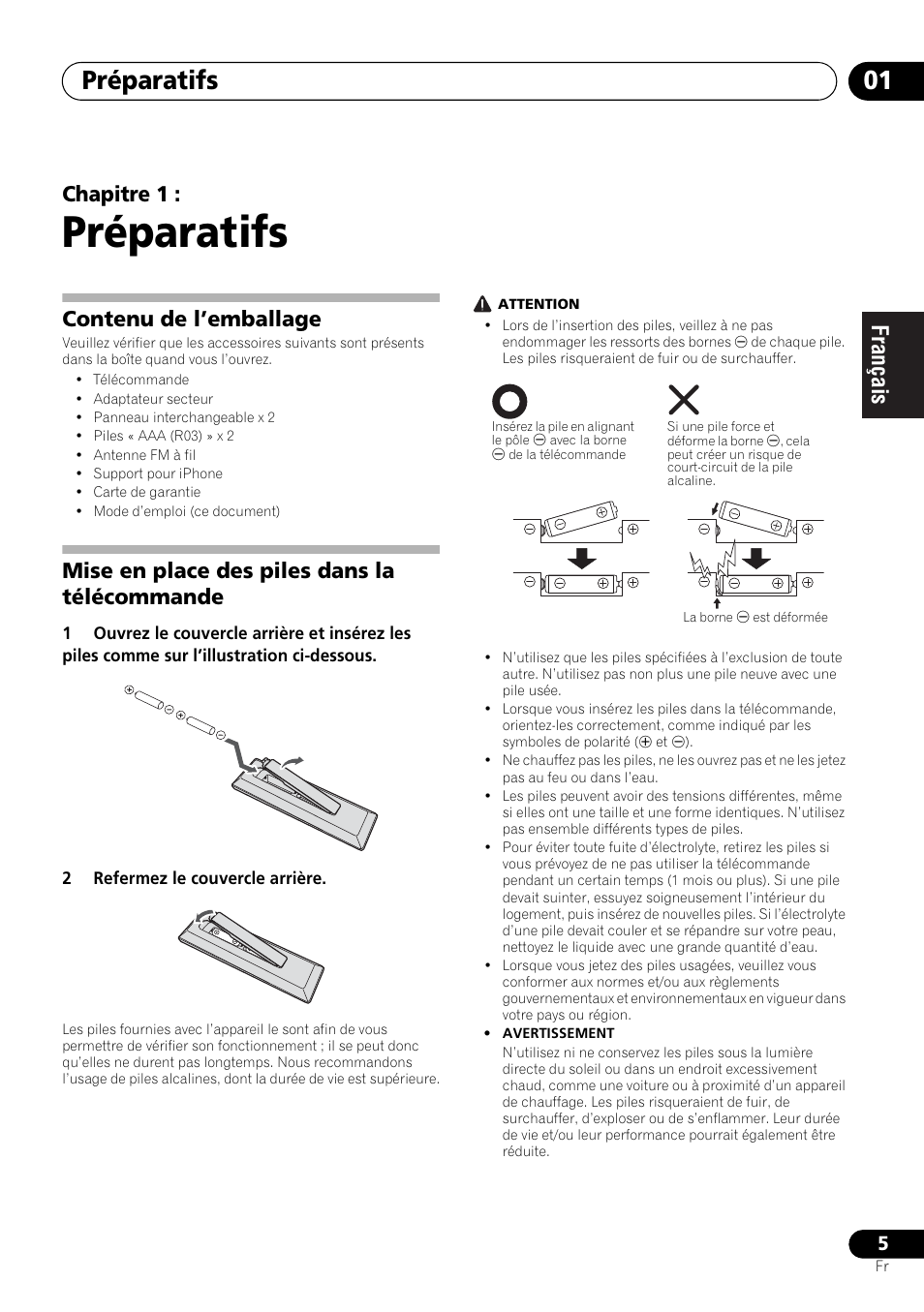 01 préparatifs, Préparatifs, Préparatifs 01 | Chapitre 1, Contenu de l’emballage, Mise en place des piles dans la télécommande | Pioneer X-SMC00 User Manual | Page 41 / 256