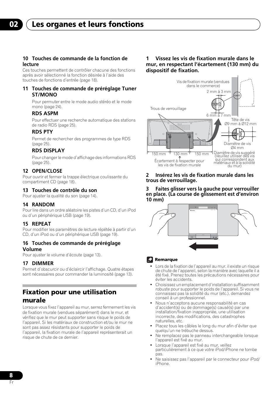 Fixation pour une utilisation murale, Les organes et leurs fonctions 02 | Pioneer X-SMC00 User Manual | Page 44 / 256