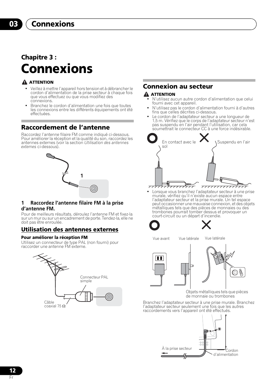03 connexions, Raccordement de l’antenne, Utilisation des antennes externes | Connexion au secteur, Connexions, Connexions 03, Chapitre 3 | Pioneer X-SMC00 User Manual | Page 48 / 256