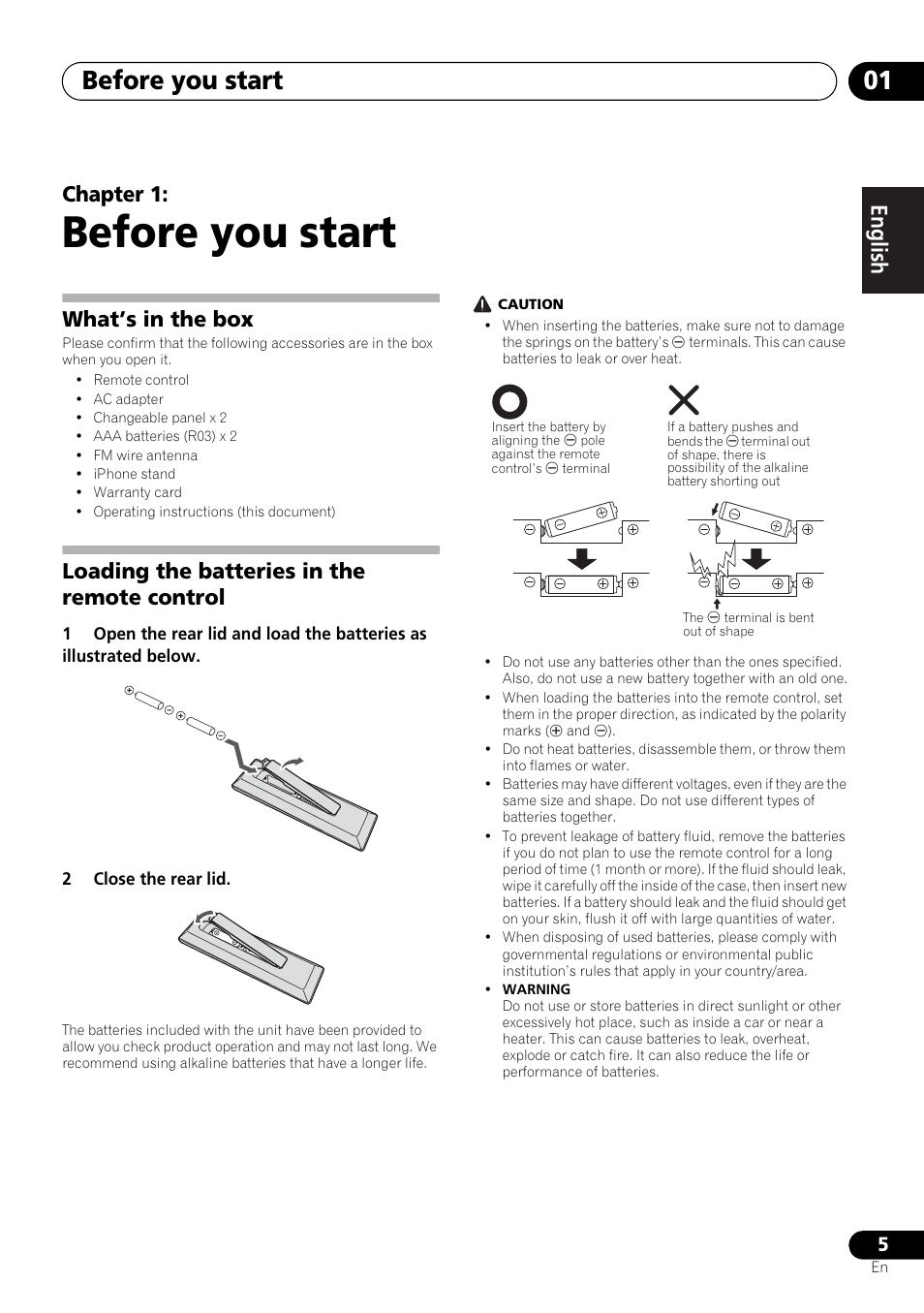 01 before you start, Before you start, Before you start 01 | English français español, Chapter 1, What’s in the box, Loading the batteries in the remote control | Pioneer X-SMC00 User Manual | Page 5 / 256