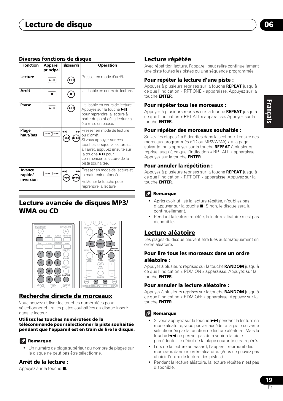 Lecture avancée de disques mp3/wma ou cd, Lecture de disque 06, Lecture avancée de disques mp3/ wma ou cd | Recherche directe de morceaux, Lecture répétée, Lecture aléatoire, Diverses fonctions de disque, Arrêt de la lecture, Pour répéter la lecture d’une piste, Pour répéter tous les morceaux | Pioneer X-SMC00 User Manual | Page 55 / 256