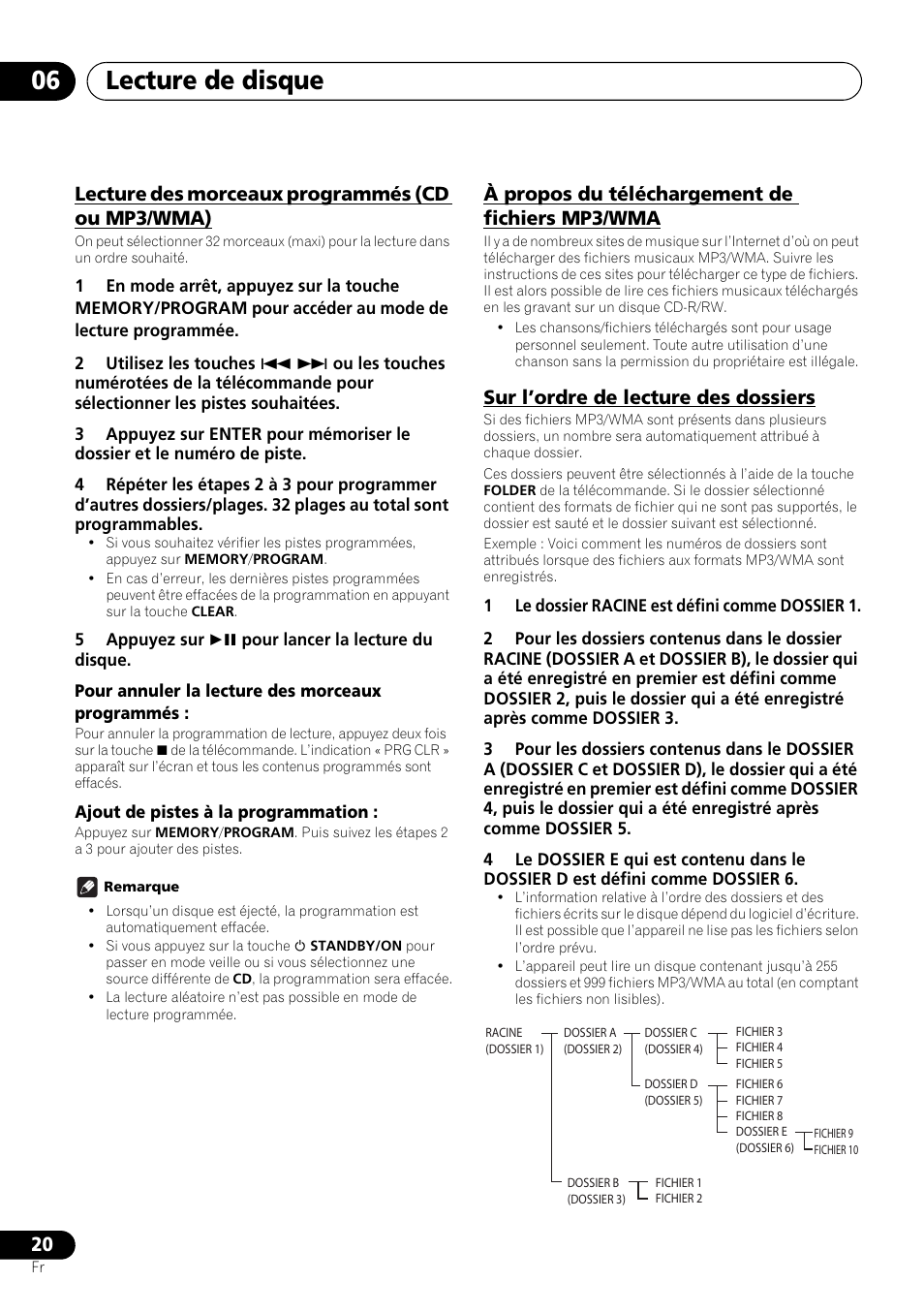 Lecture de disque 06, Lecture des morceaux programmés (cd ou mp3/wma), À propos du téléchargement de fichiers mp3/wma | Sur l’ordre de lecture des dossiers | Pioneer X-SMC00 User Manual | Page 56 / 256
