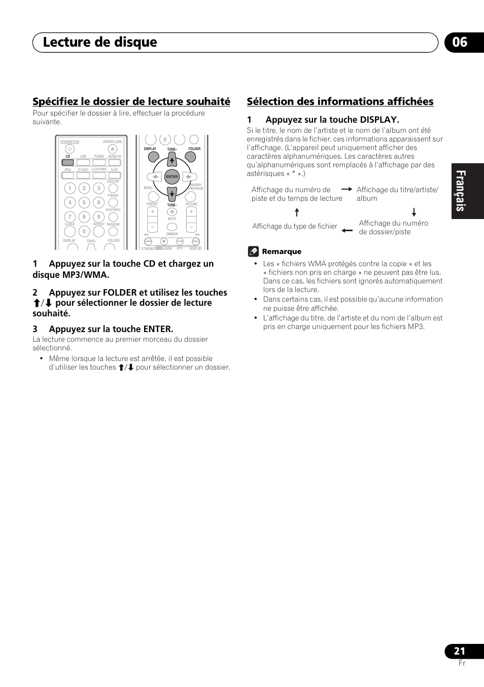 Lecture de disque 06, Spécifiez le dossier de lecture souhaité, Sélection des informations affichées | 1appuyez sur la touche display | Pioneer X-SMC00 User Manual | Page 57 / 256