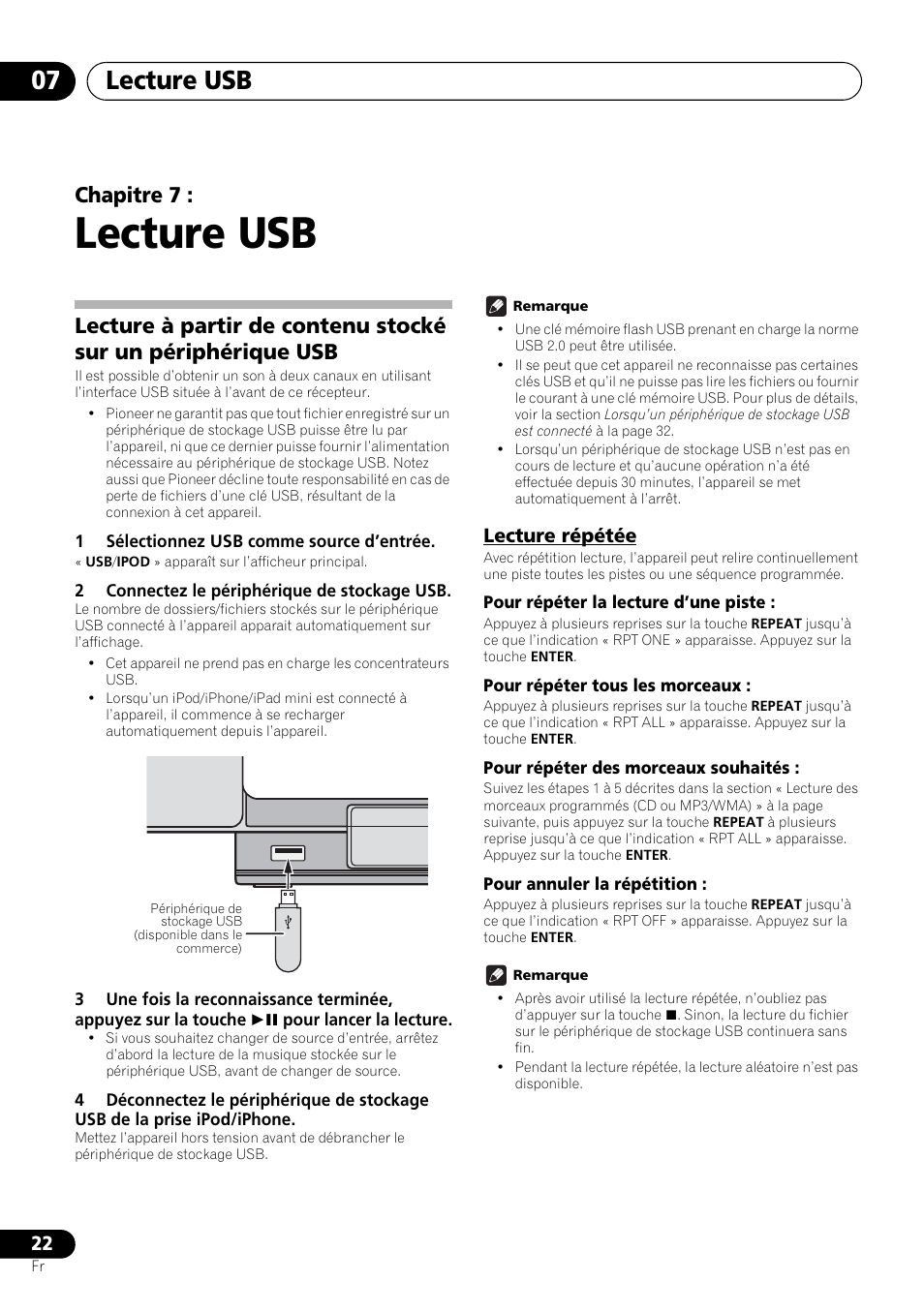 07 lecture usb, Lecture répétée, Lecture usb | Lecture usb 07, Chapitre 7 | Pioneer X-SMC00 User Manual | Page 58 / 256