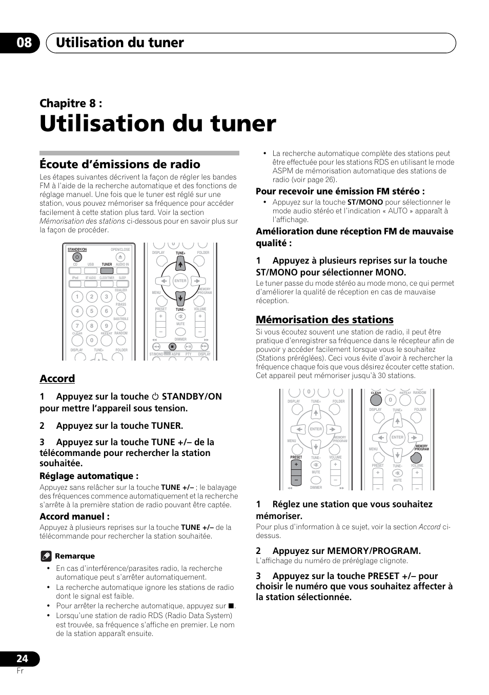 08 utilisation du tuner, Écoute d’émissions de radio, Accord mémorisation des stations | Utilisation du tuner, Utilisation du tuner 08, Chapitre 8, Accord, Mémorisation des stations, Accord manuel, Pour recevoir une émission fm stéréo | Pioneer X-SMC00 User Manual | Page 60 / 256