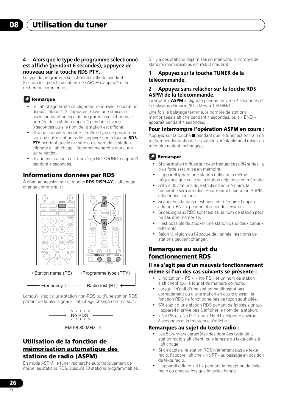 Utilisation du tuner 08, Informations données par rds, Remarques au sujet du fonctionnement rds | Pour interrompre l’opération aspm en cours, Remarques au sujet du texte radio | Pioneer X-SMC00 User Manual | Page 62 / 256