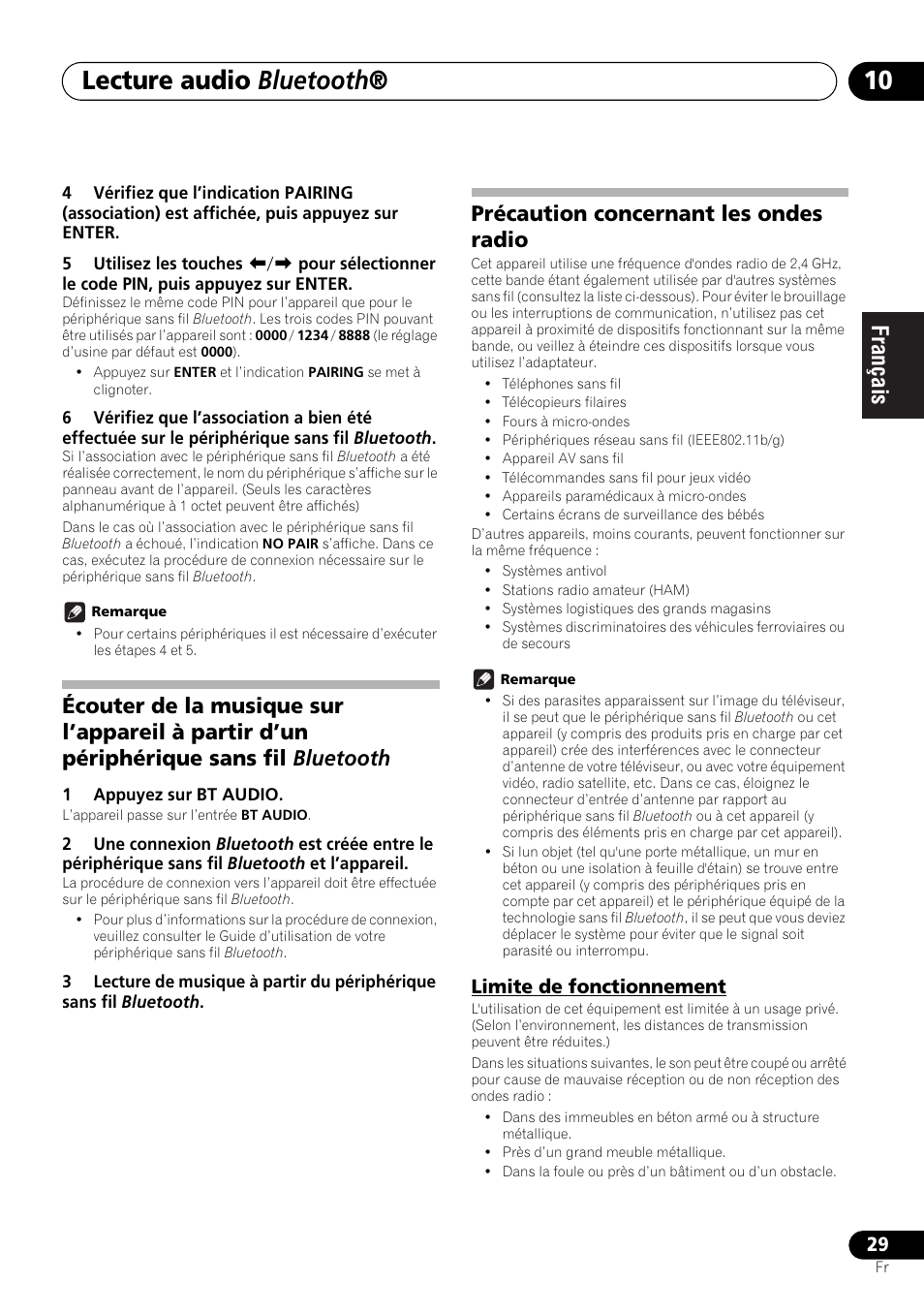 Limite de fonctionnement, Lecture audio bluetooth, Précaution concernant les ondes radio | Pioneer X-SMC00 User Manual | Page 65 / 256