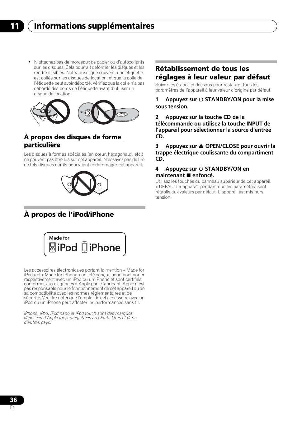 À propos des disques de forme particulière, Informations supplémentaires 11, À propos de l’ipod/iphone | Pioneer X-SMC00 User Manual | Page 72 / 256