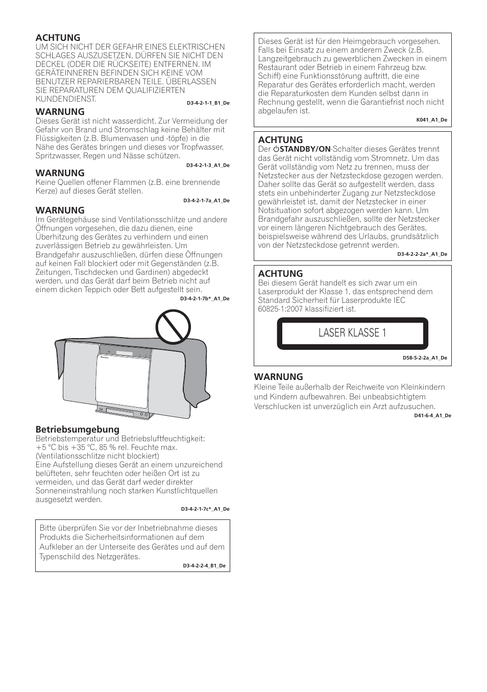 X-smc_syxe8_de, Laser klasse 1, Achtung | Betriebsumgebung, Warnung | Pioneer X-SMC00 User Manual | Page 74 / 256