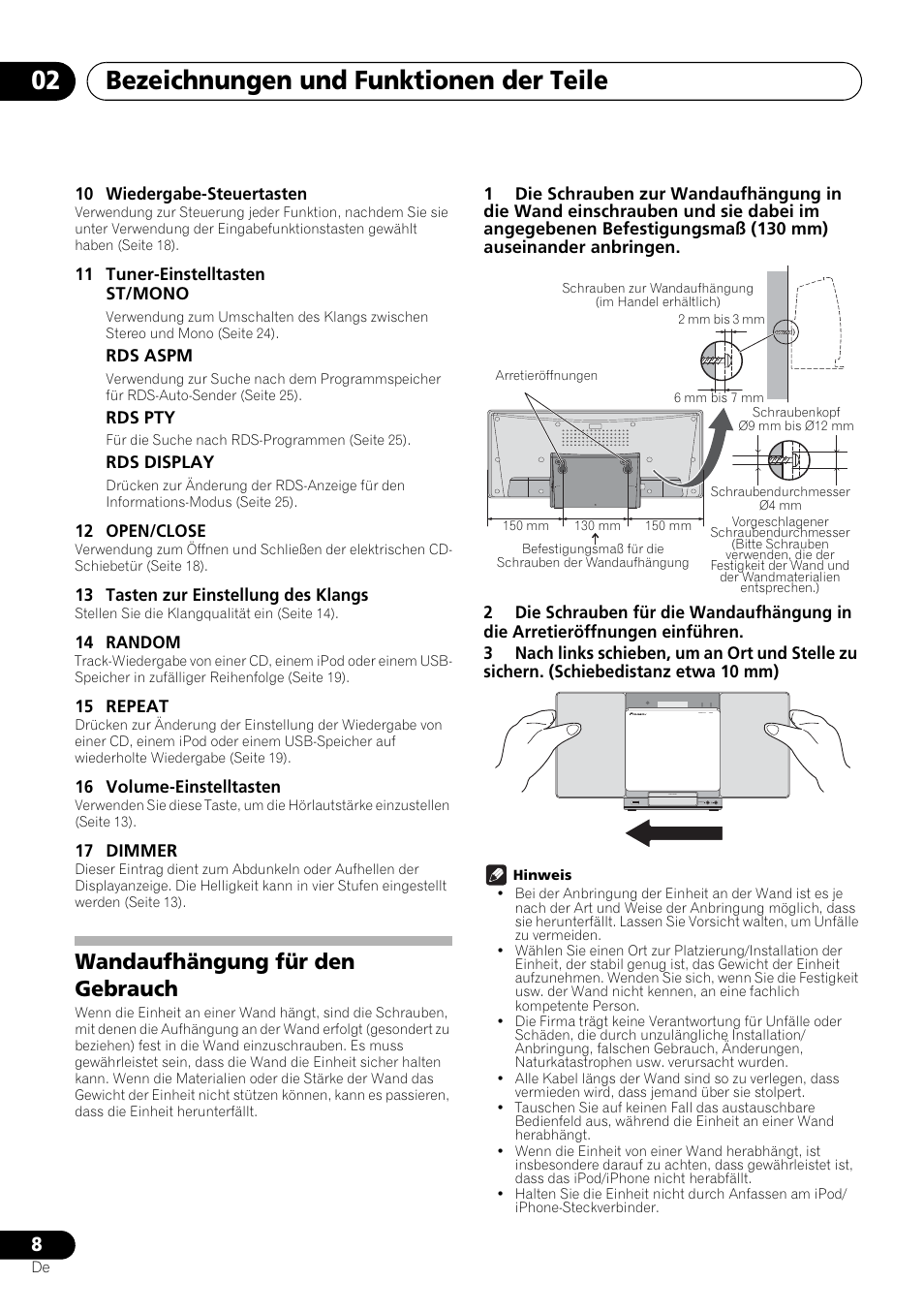 Wandaufhängung für den gebrauch, Bezeichnungen und funktionen der teile 02 | Pioneer X-SMC00 User Manual | Page 80 / 256