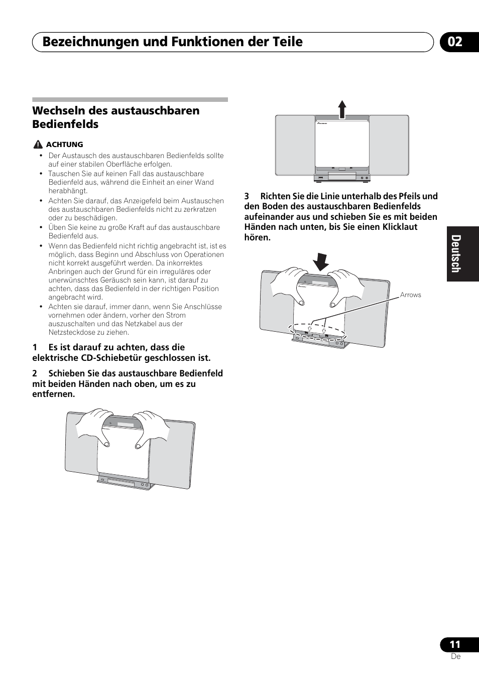 Wechseln des austauschbaren bedienfelds, Bezeichnungen und funktionen der teile 02 | Pioneer X-SMC00 User Manual | Page 83 / 256