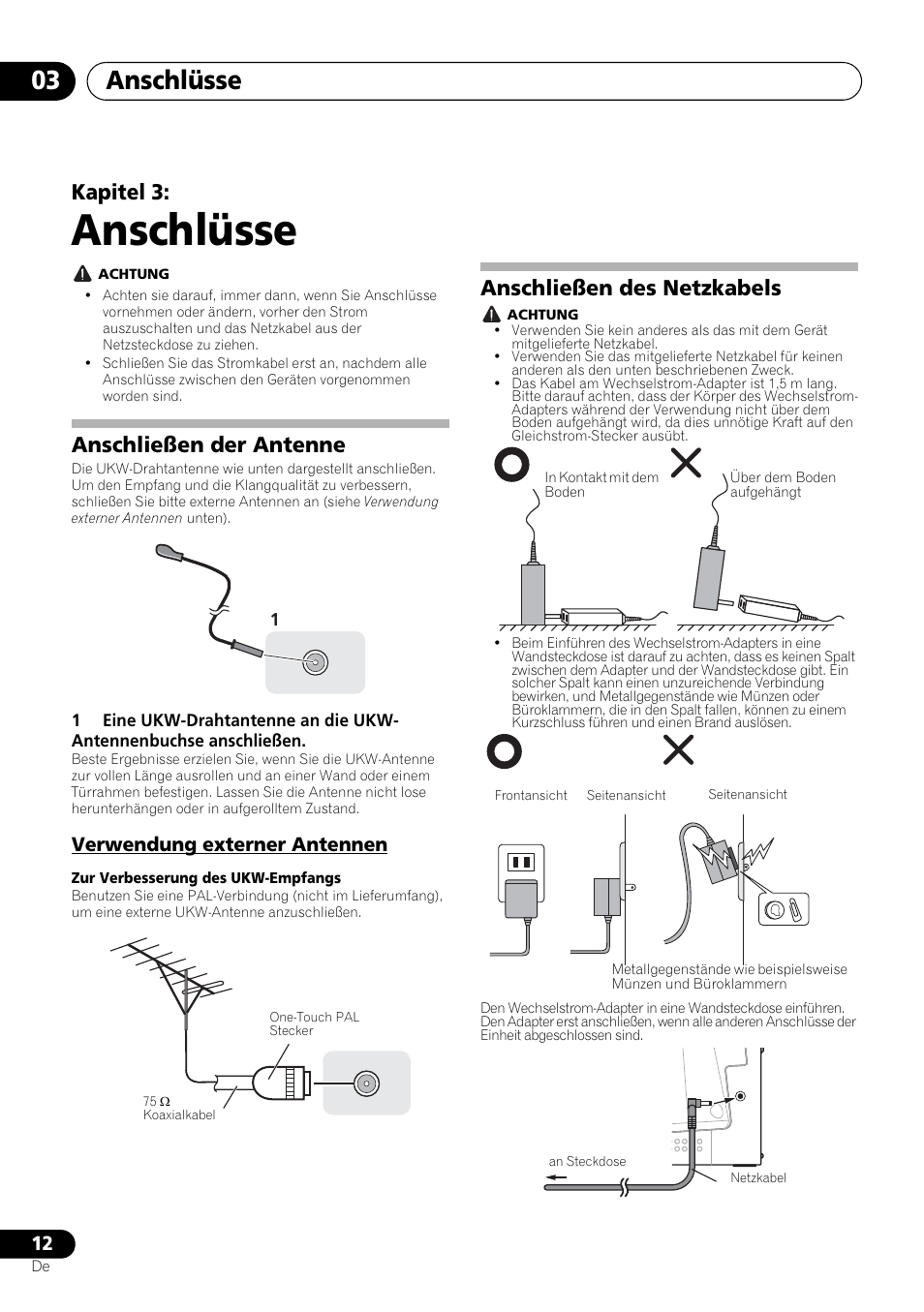 03 anschlüsse, Anschließen der antenne, Verwendung externer antennen | Anschließen des netzkabels, Anschlüsse, Anschlüsse 03, Kapitel 3 | Pioneer X-SMC00 User Manual | Page 84 / 256