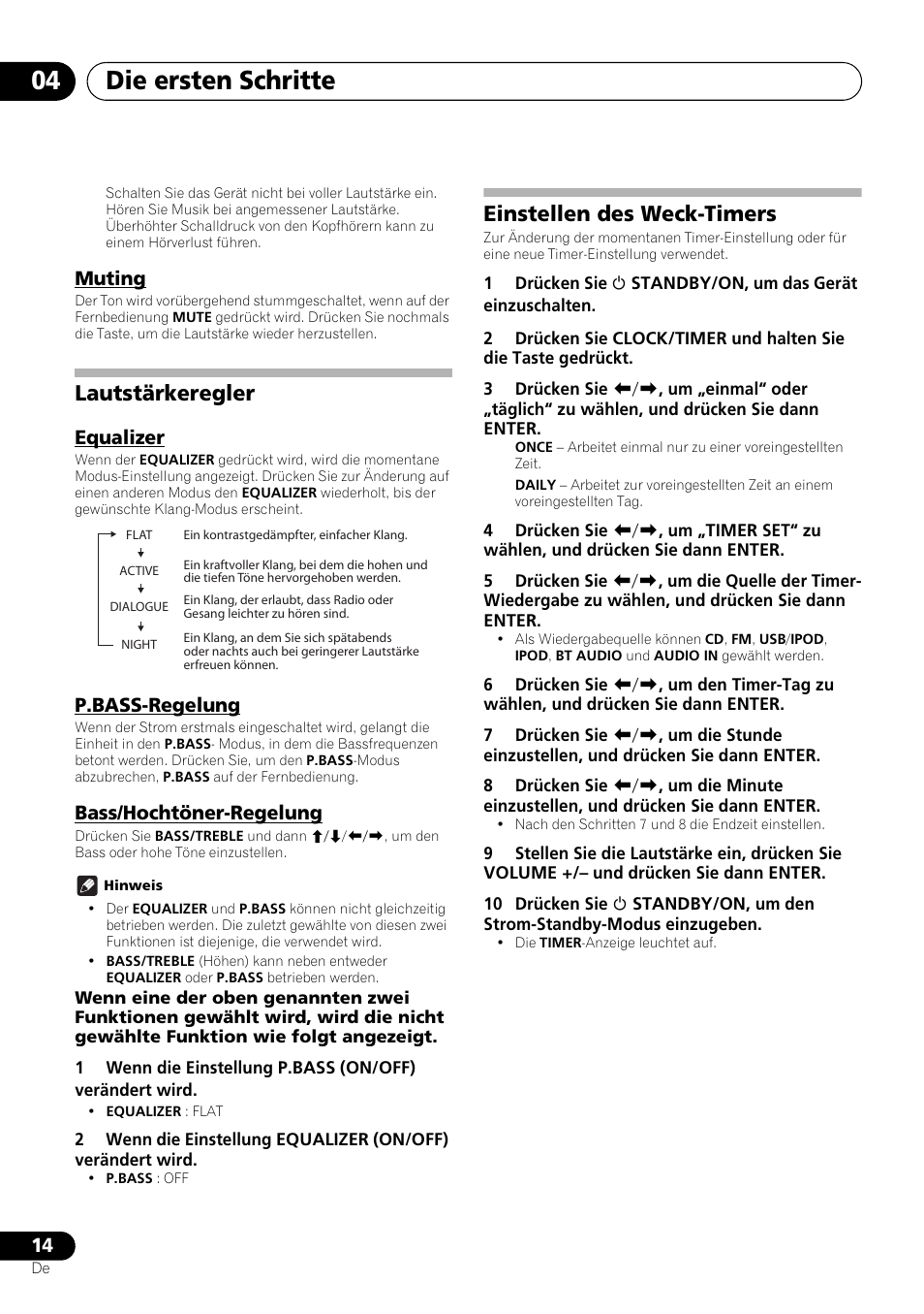 Muting, Lautstärkeregler, Equalizer p.bass-regelung bass/hochtöner-regelung | Einstellen des weck-timers, Die ersten schritte 04, Equalizer, P.bass-regelung, Bass/hochtöner-regelung | Pioneer X-SMC00 User Manual | Page 86 / 256
