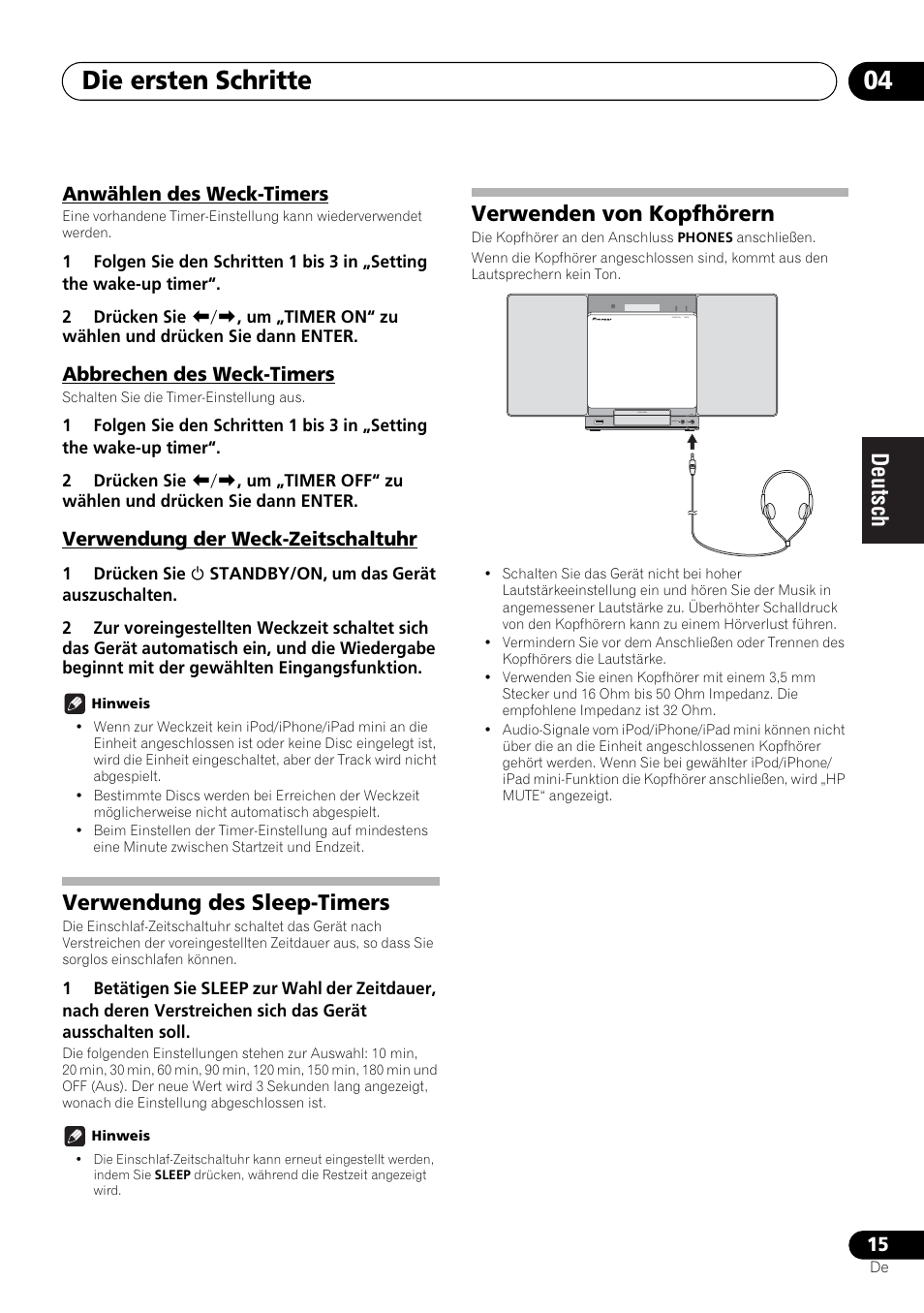 Die ersten schritte 04, Verwendung des sleep-timers, Verwenden von kopfhörern | Pioneer X-SMC00 User Manual | Page 87 / 256