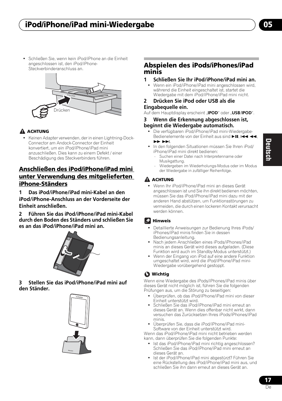 Abspielen des ipods/iphones/ipad minis, Ipod/iphone/ipad mini-wiedergabe 05 | Pioneer X-SMC00 User Manual | Page 89 / 256