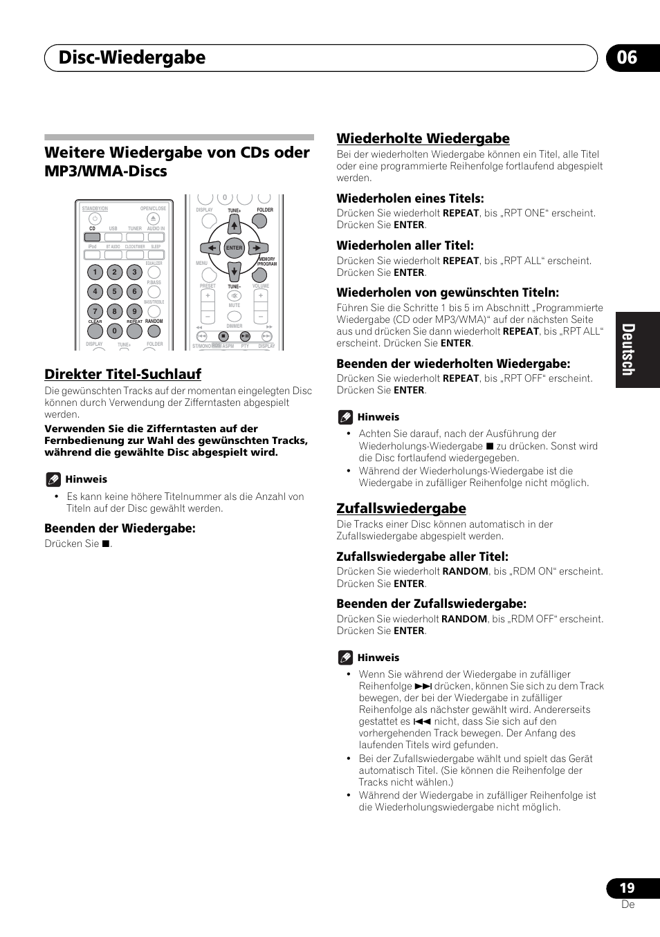 Weitere wiedergabe von cds oder mp3/wma- discs, Disc-wiedergabe 06, Weitere wiedergabe von cds oder mp3/wma-discs | Direkter titel-suchlauf, Wiederholte wiedergabe, Zufallswiedergabe, Beenden der wiedergabe, Wiederholen eines titels, Wiederholen aller titel, Wiederholen von gewünschten titeln | Pioneer X-SMC00 User Manual | Page 91 / 256