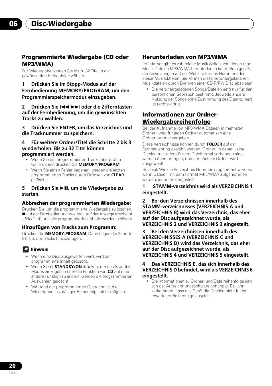 Disc-wiedergabe 06, Programmierte wiedergabe (cd oder mp3/wma), Herunterladen von mp3/wma | Informationen zur ordner- wiedergabereihenfolge | Pioneer X-SMC00 User Manual | Page 92 / 256