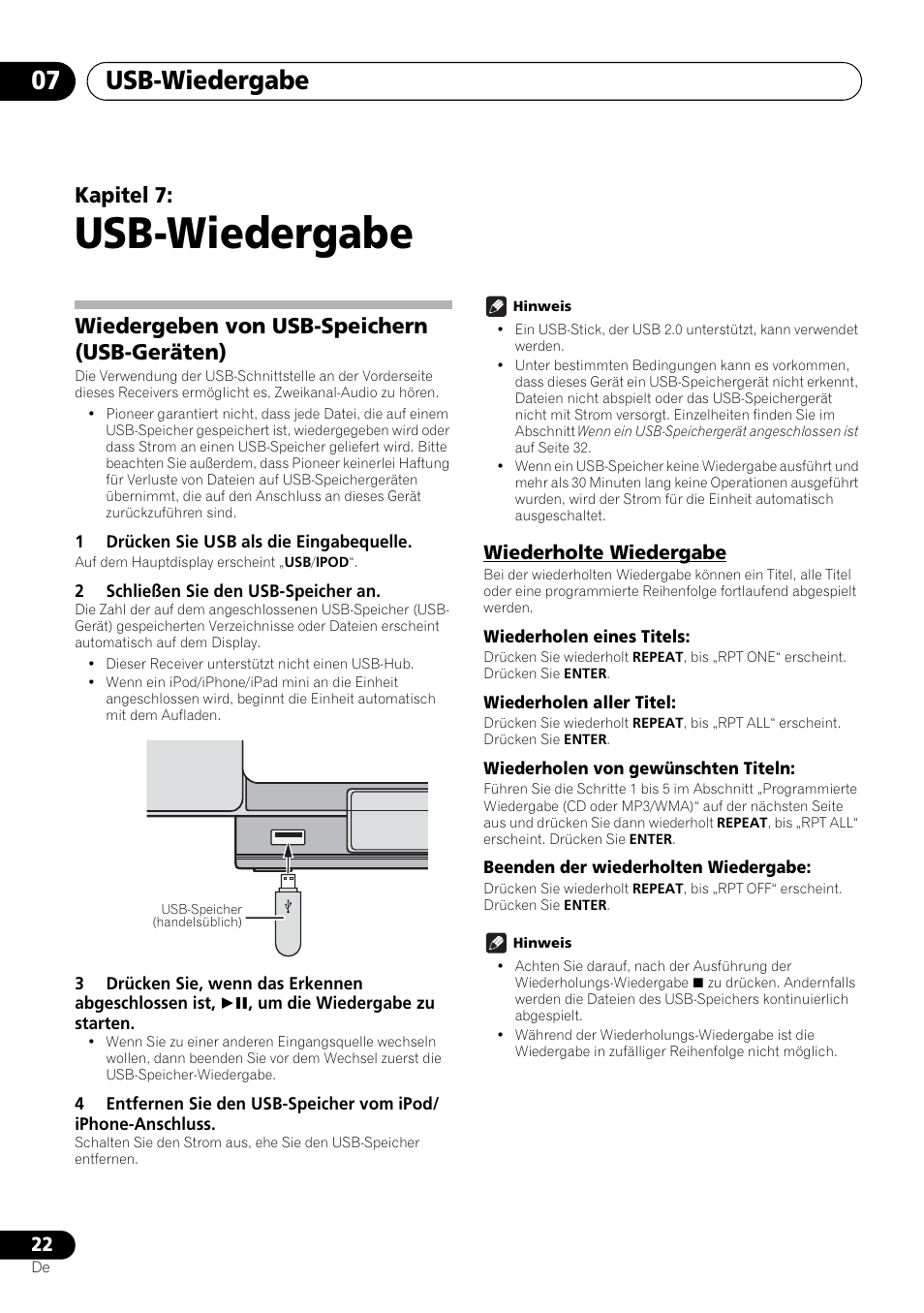 07 usb-wiedergabe, Wiedergeben von usb-speichern (usb-geräten), Wiederholte wiedergabe | Usb-wiedergabe, Usb-wiedergabe 07, Kapitel 7 | Pioneer X-SMC00 User Manual | Page 94 / 256