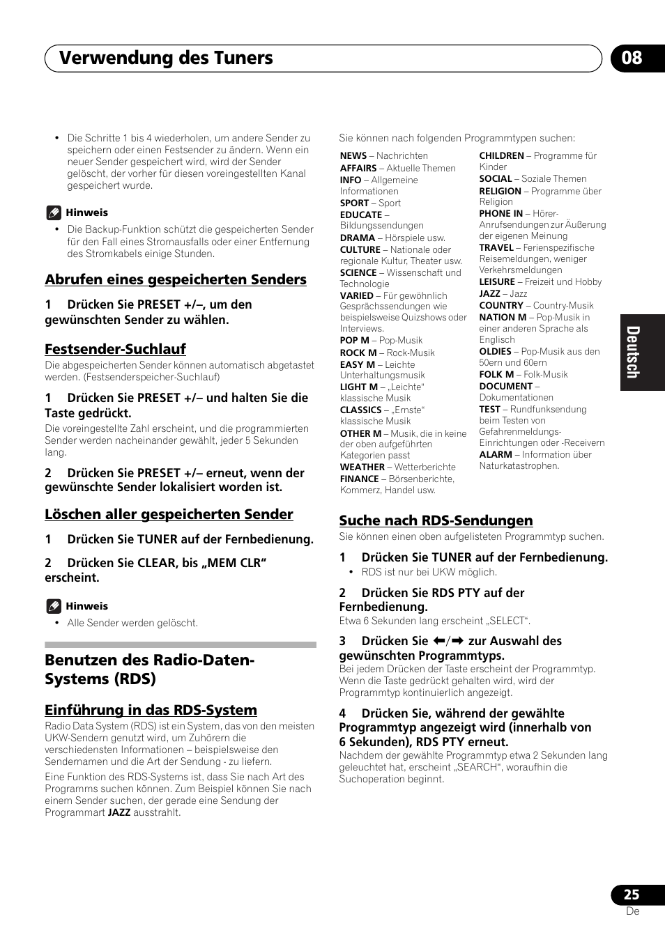 Benutzen des radio-daten-systems (rds), Verwendung des tuners 08, Benutzen des radio-daten- systems (rds) | Pioneer X-SMC00 User Manual | Page 97 / 256