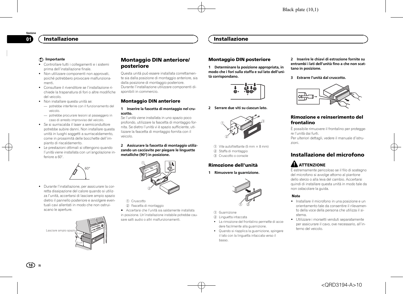 Manuale d, Installazione, Sintolettore cd rds | Montaggio din anteriore/ posteriore, Installazione del microfono | Pioneer DEH-4600BT User Manual | Page 10 / 32